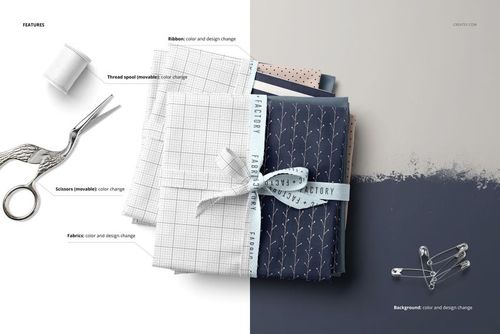 Fabric stack mockup featuring neatly folded textiles in blue, white, and pink, with ribbon, scissors, and safety pins.