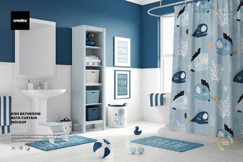 PSD mockup of a children's bathroom with a fish-patterned shower curtain, blue decor, and organized shelves.