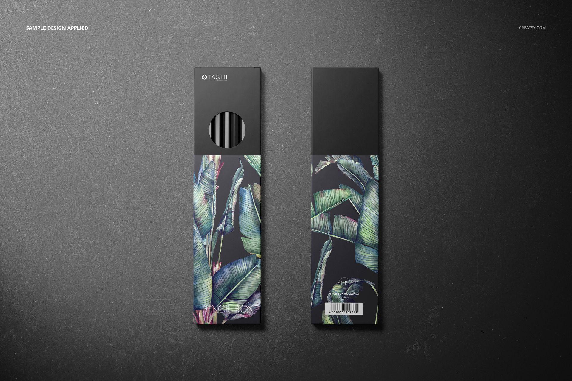 Rectangular pencil box mockup set showing front and back sides, featuring green leaf design and black accents.
