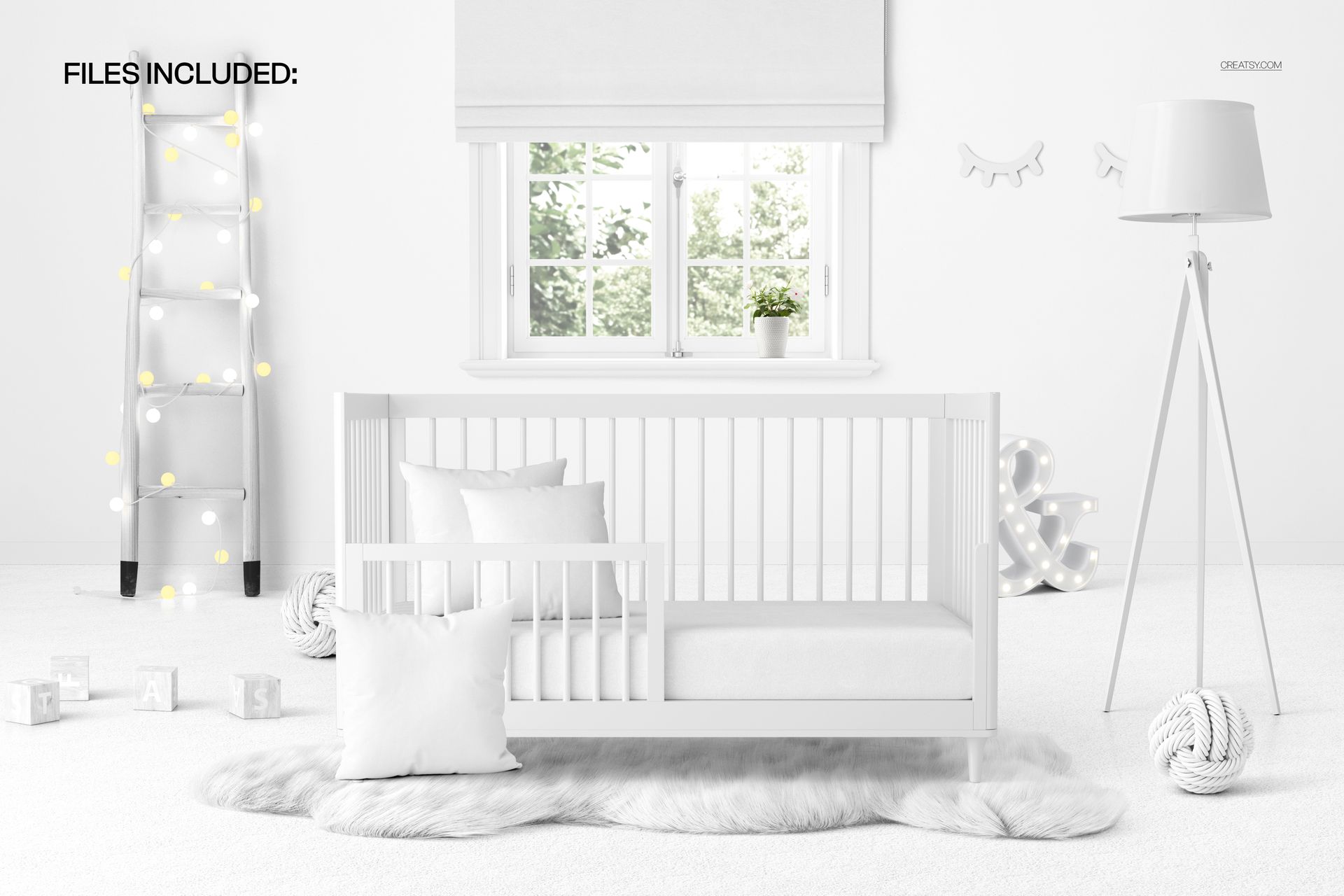 White crib with bedding in a bright nursery mockup, featuring plush accents and minimalist decorations.
