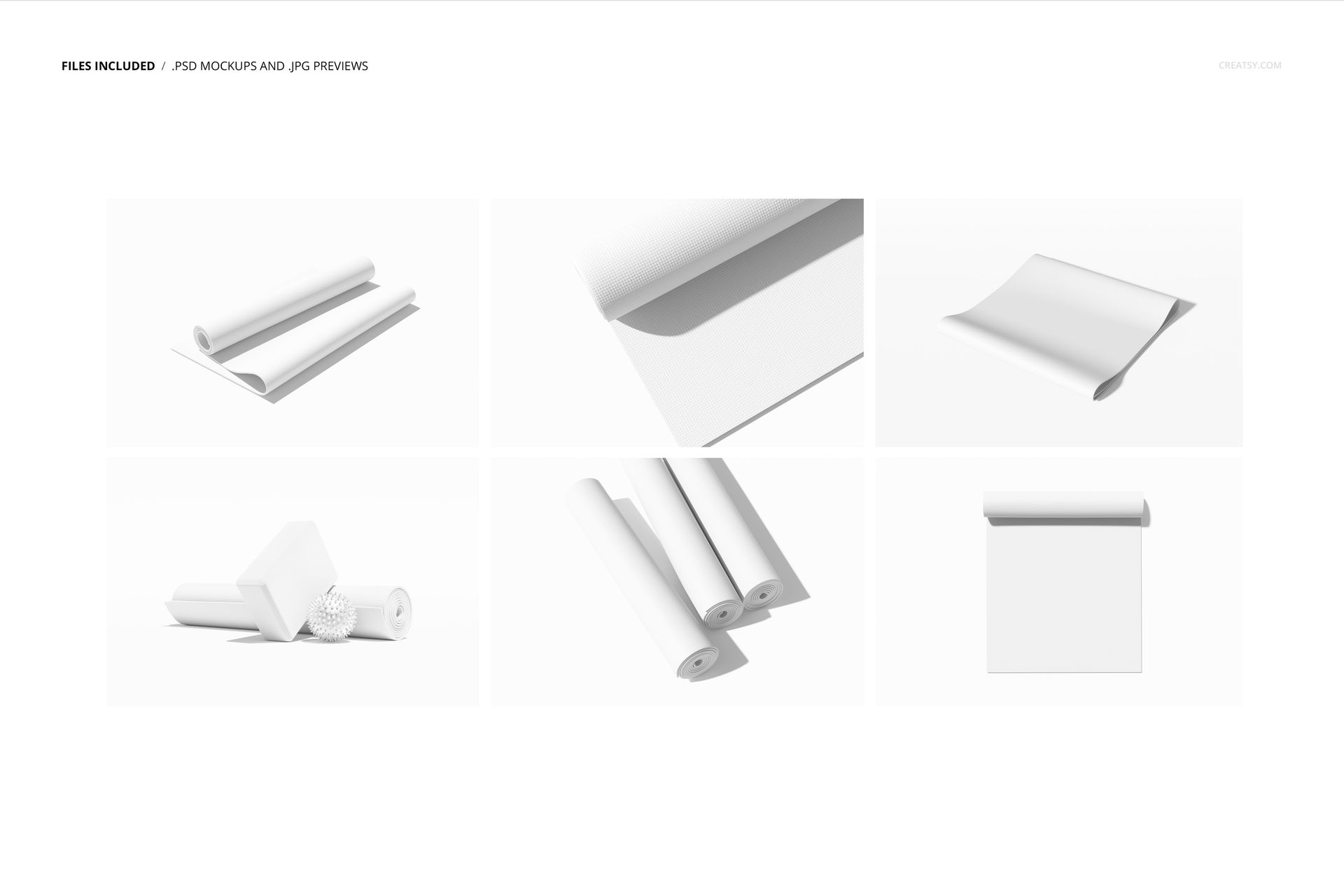 Six yoga mat mockups shown in different arrangements, including rolled, partially unrolled, and flat views on white.