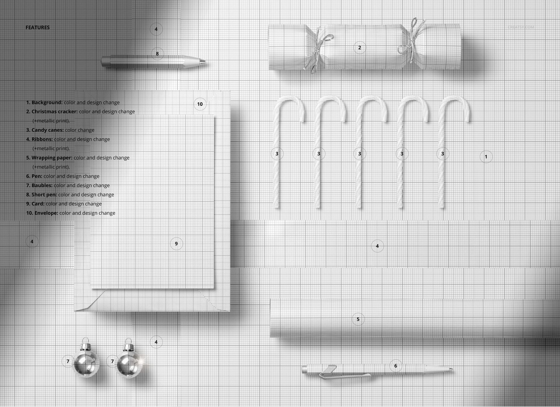 Top view of a Christmas greeting card mockup scene with cracker, candy canes, ribbon, and ornaments on grid paper.