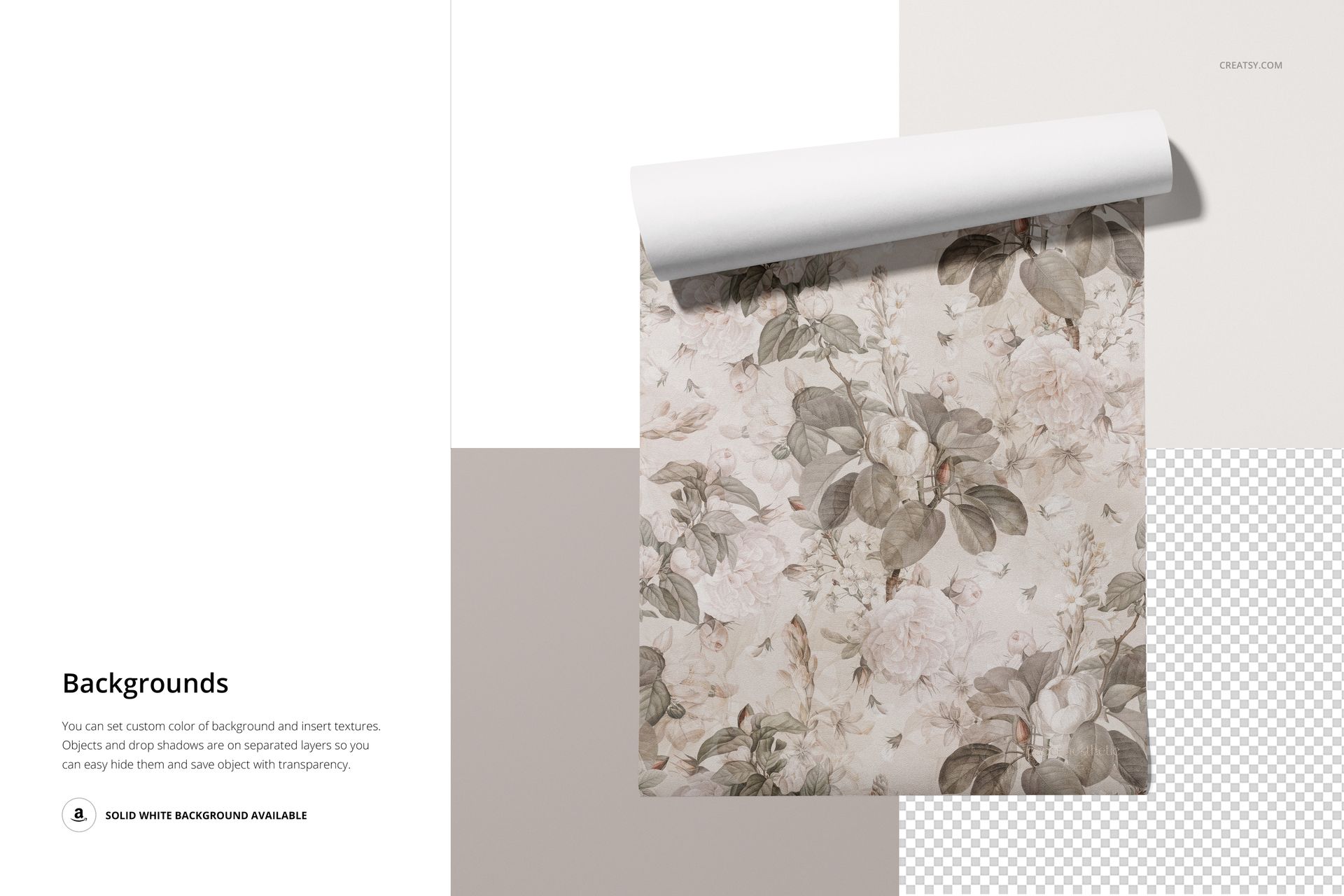 Rolled non-woven vinyl wallpaper mockup with a floral pattern in muted tones, displayed on a neutral background.