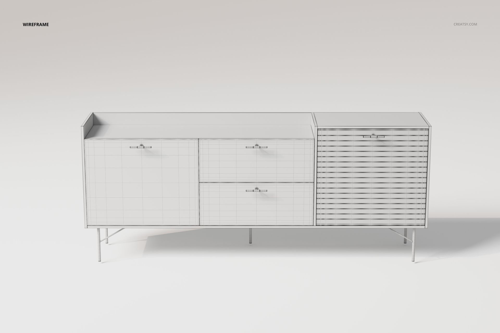 Front view of a modern textured cabinet 3D model in wireframe style, featuring drawers and a slatted door on metal legs.