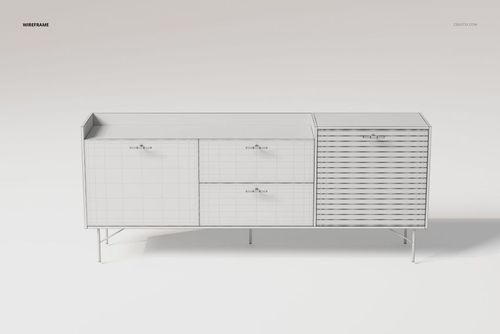 Front view of a modern textured cabinet 3D model in wireframe style, featuring drawers and a slatted door on metal legs.