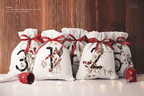 Drawstring sacks advent calendar mockup featuring white bags with festive numbers, red ribbons, and winter foliage designs.