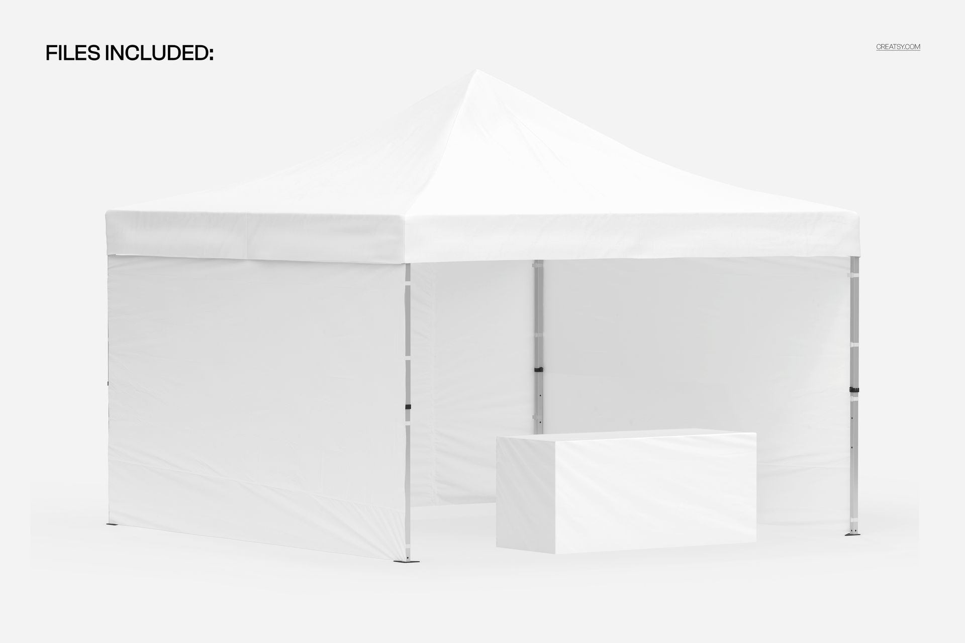 Large white event tent mockup with four metal legs and a rectangular table underneath, front perspective.