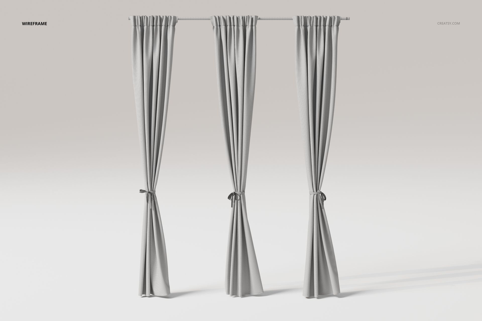 Front view of three luxury tie back curtains in light gray, hanging from a rod against a plain background.
