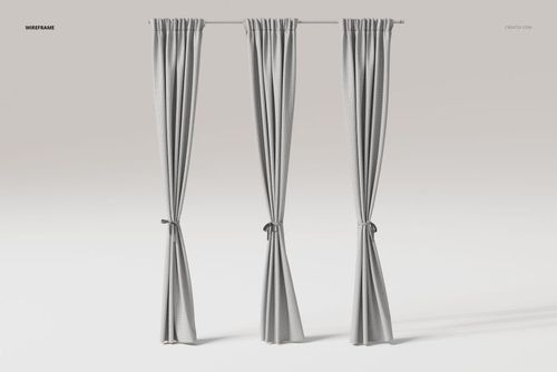 Front view of three luxury tie back curtains in light gray, hanging from a rod against a plain background.