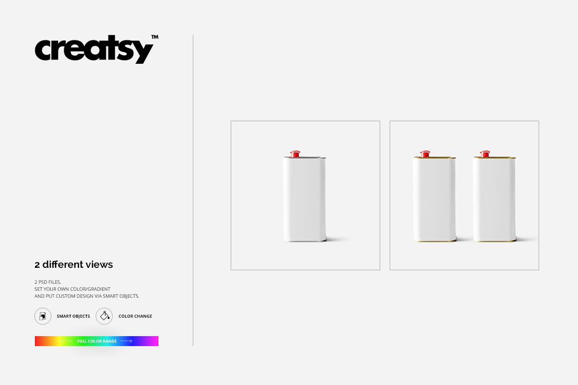 Front and angled views of a rectangular olive oil tin container mockup with a red cap on a white background.