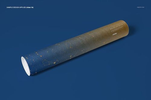 Mailing tube mockup featuring a cylindrical tube with a blue and gold gradient design, viewed from an angle on a solid blue background.
