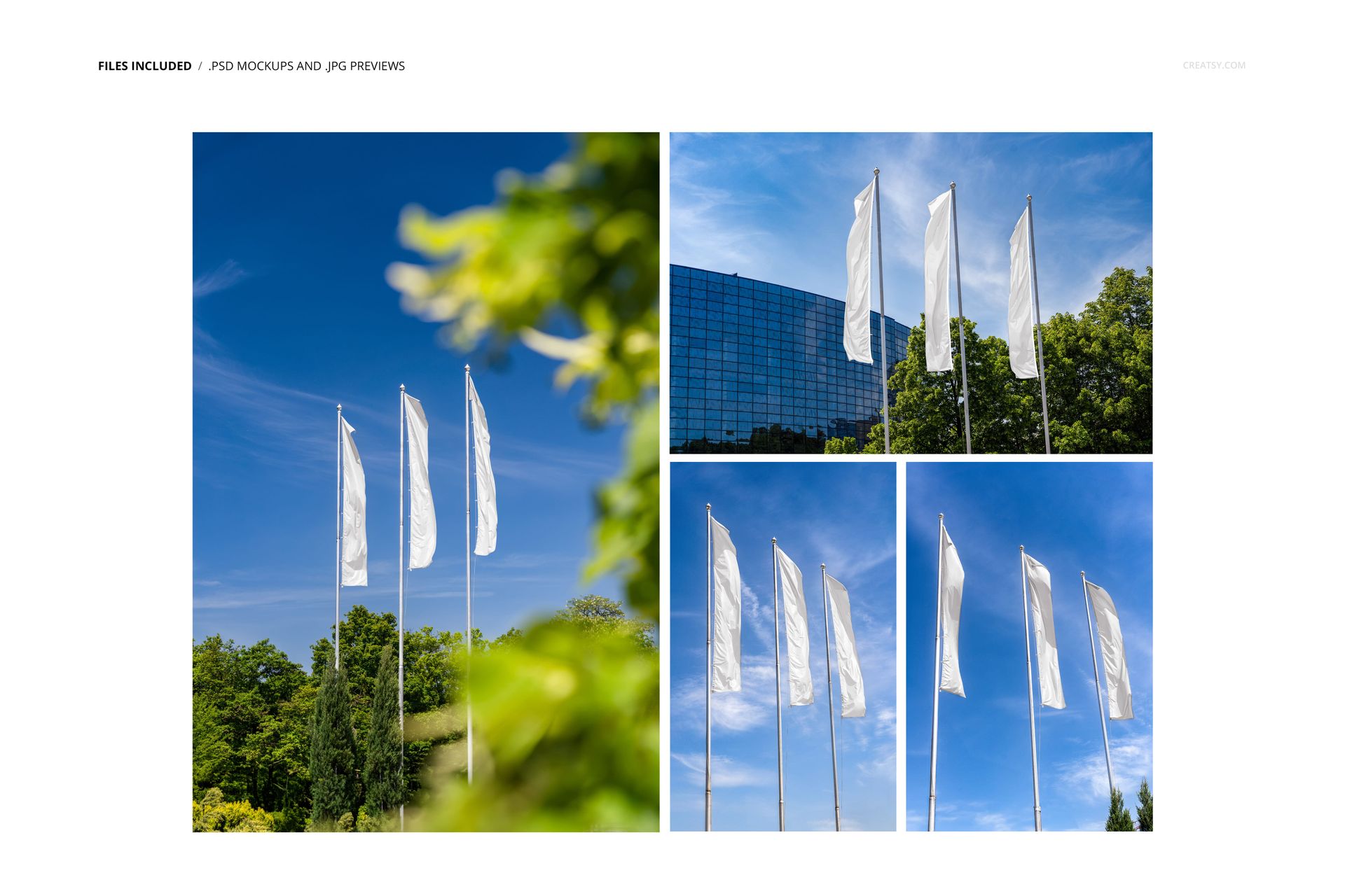 PSD mockup of rectangle flag banners on poles, photographed outdoors with trees and a modern building in the background.