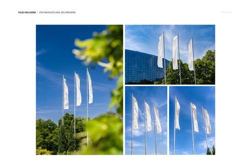 PSD mockup of rectangle flag banners on poles, photographed outdoors with trees and a modern building in the background.
