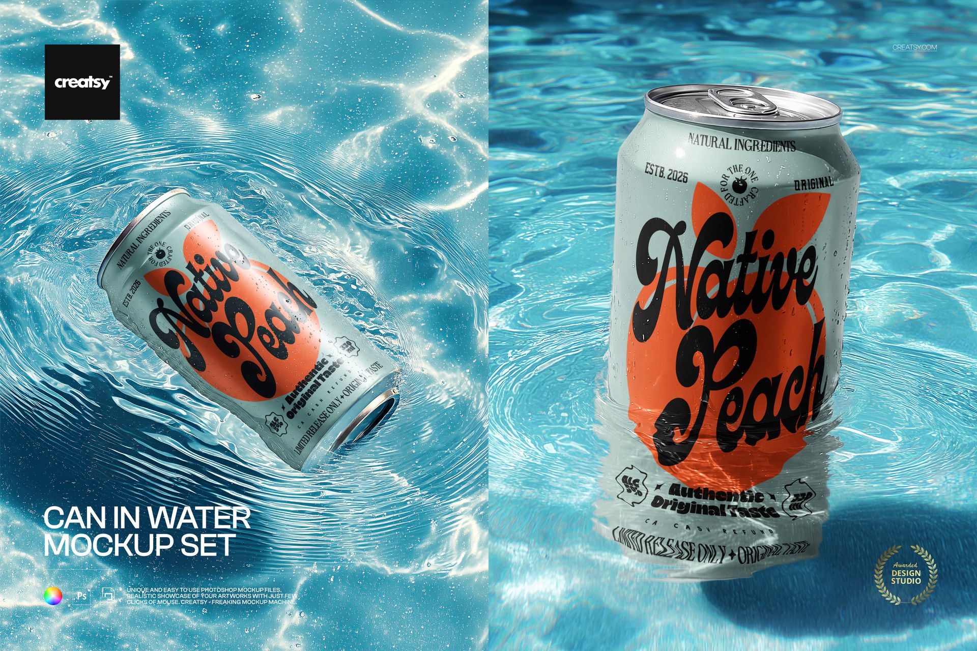 Drinkware mockup featuring a silver can with stylized text design, submerged in rippling blue water, front and side views.