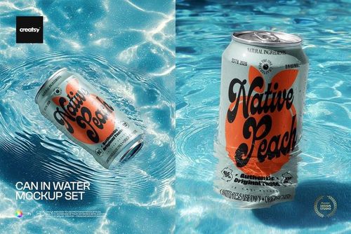 Drinkware mockup featuring a silver can with stylized text design, submerged in rippling blue water, front and side views.