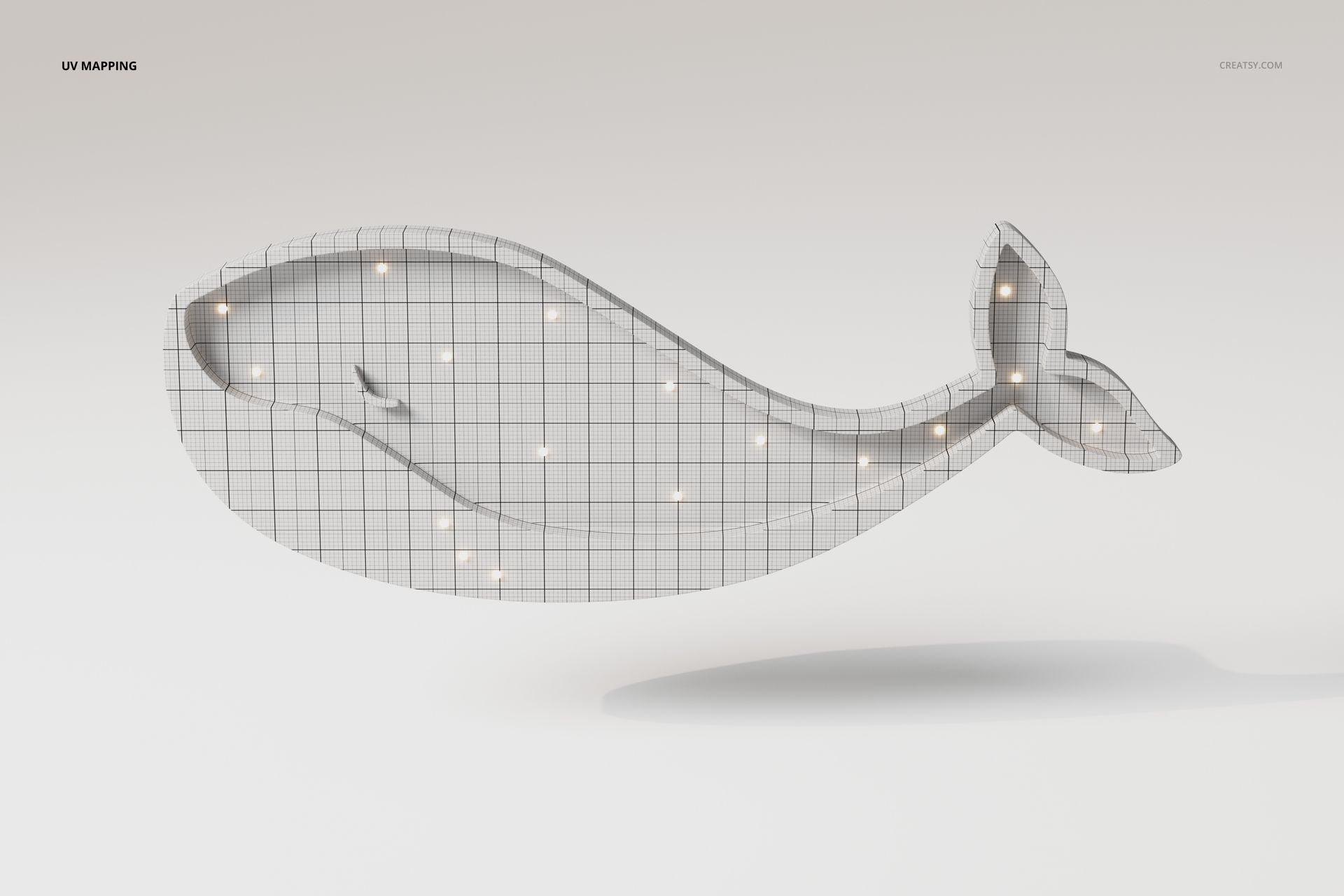 Front view of a whale-shaped wall lamp 3D model with a grid mesh pattern and glowing light points.