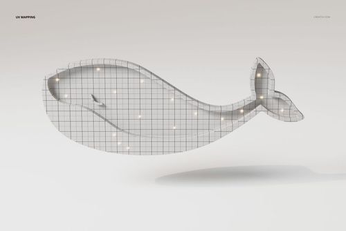 Front view of a whale-shaped wall lamp 3D model with a grid mesh pattern and glowing light points.