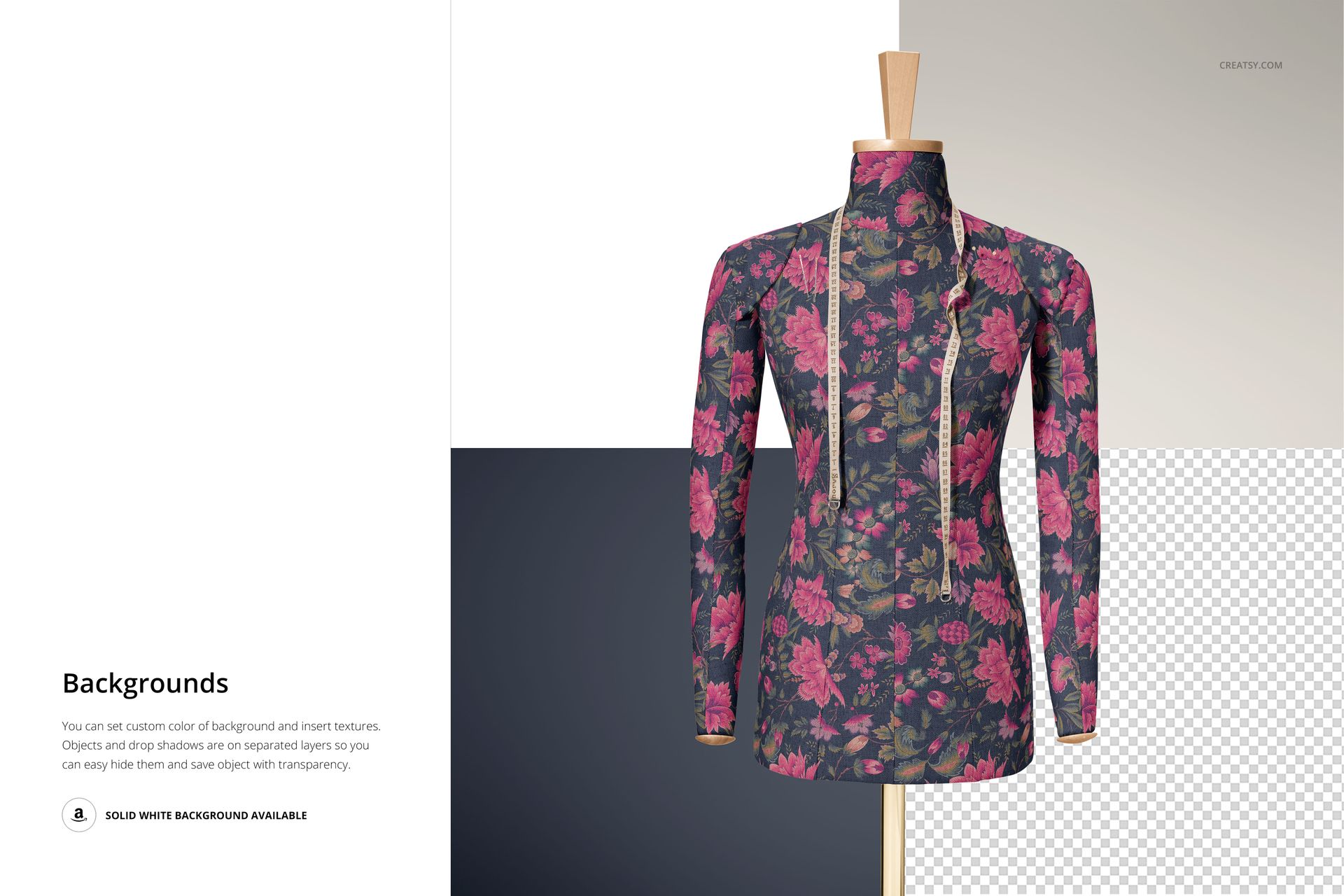 Front view of a dressmaker’s mannequin mockup with long sleeves, featuring a dark floral fabric pattern and wooden neck stand.