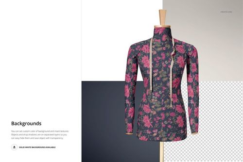 Front view of a dressmaker’s mannequin mockup with long sleeves, featuring a dark floral fabric pattern and wooden neck stand.