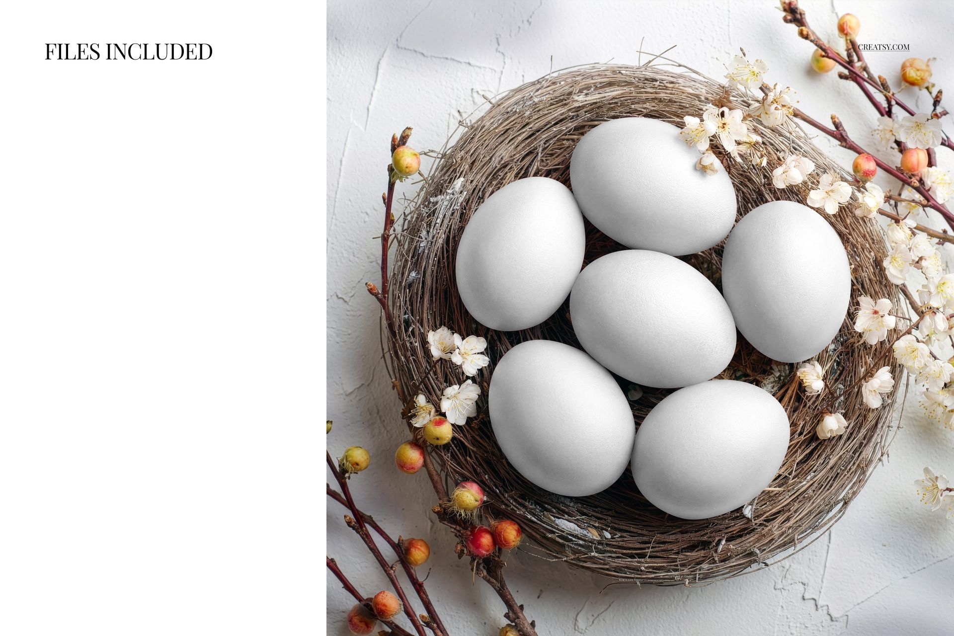 PSD mockup featuring a nest filled with plain white eggs and surrounded by spring flowers on a light background.