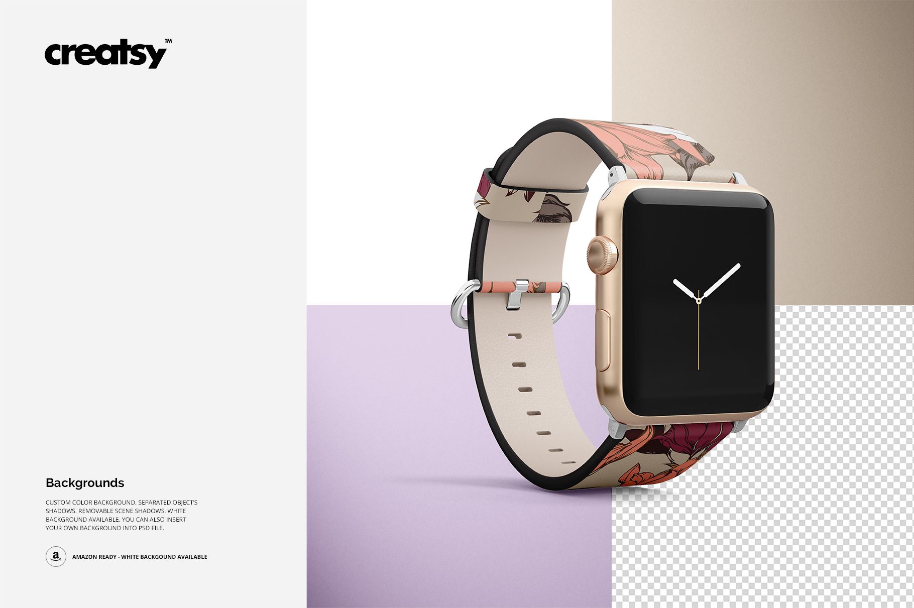 Mockup of an Apple Watch with a decorative leather strap, shown in a three-quarter view on color-blocked surfaces.