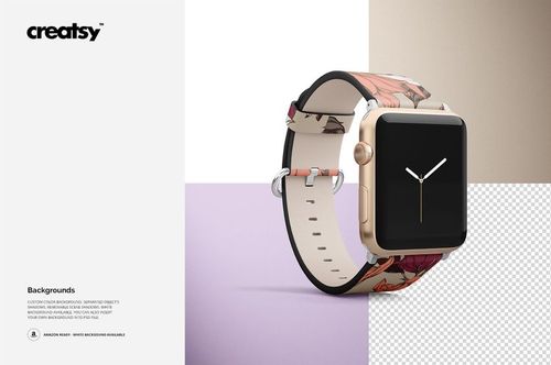 Mockup of an Apple Watch with a decorative leather strap, shown in a three-quarter view on color-blocked surfaces.