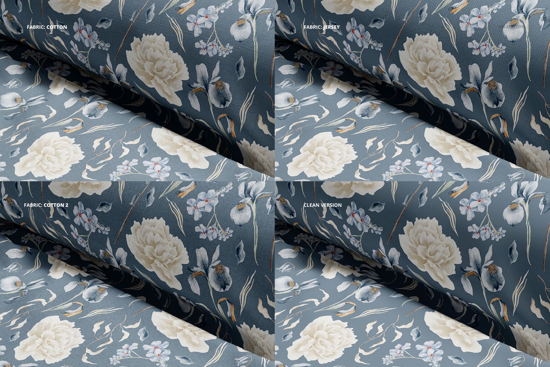 Fabric stack mockup with floral prints and a clean version, displaying blue and beige colors in a front perspective.