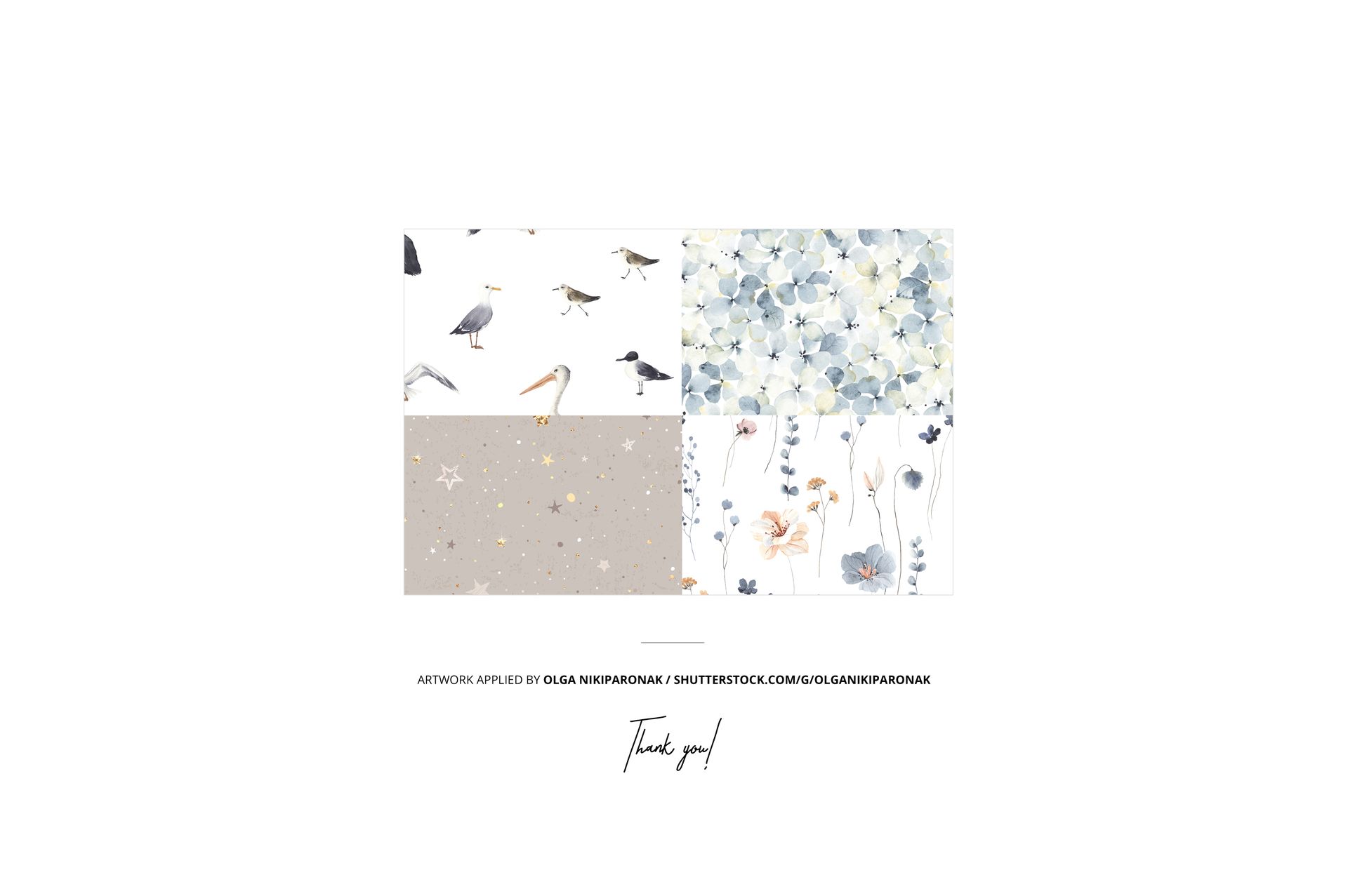 Top view of a changing pad mockup displaying four sections with different patterns, including birds, stars, and floral designs.