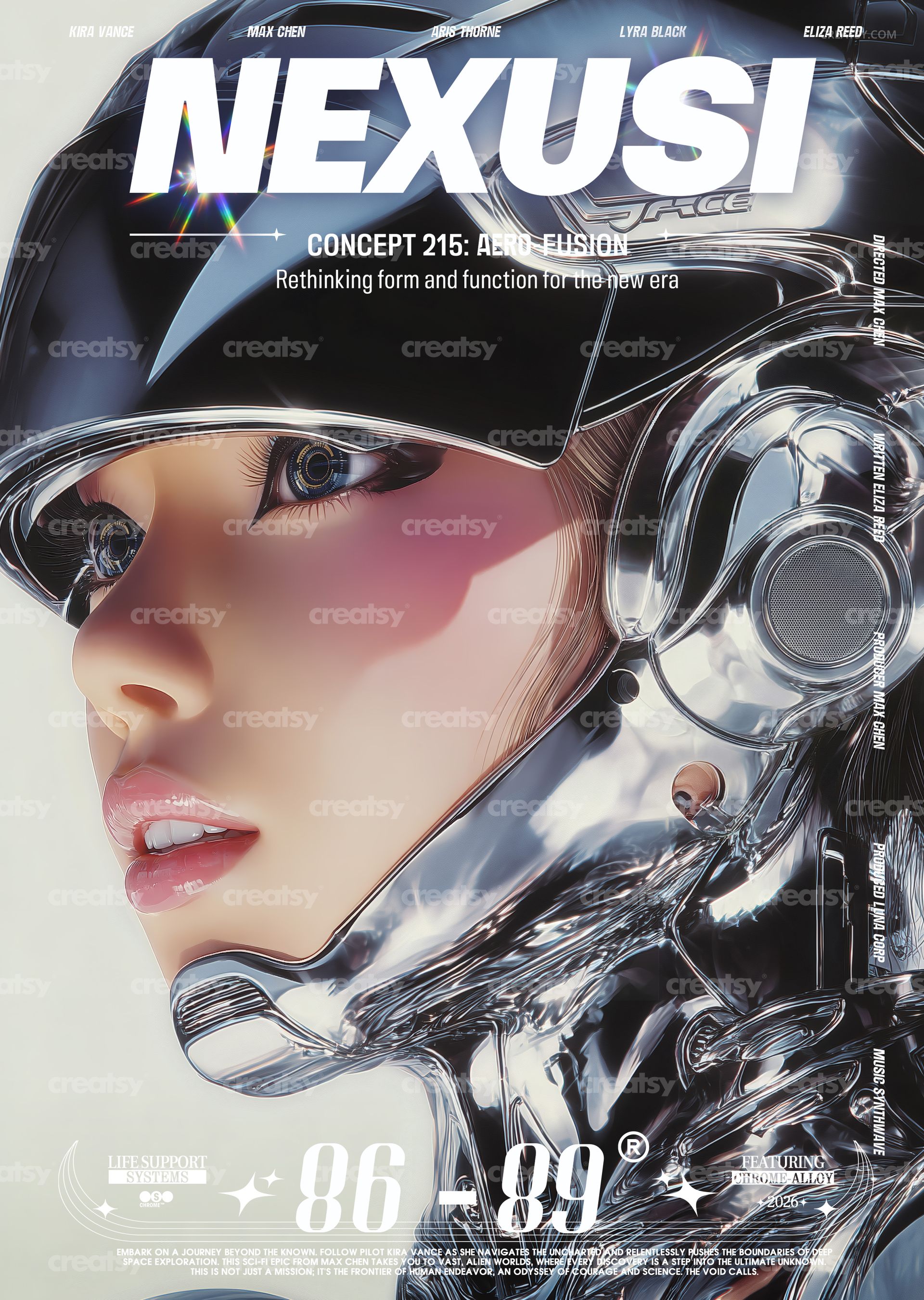 PSD mockup of a poster with reflective chrome surfaces, abstract patterns, and stylized futuristic graphics.