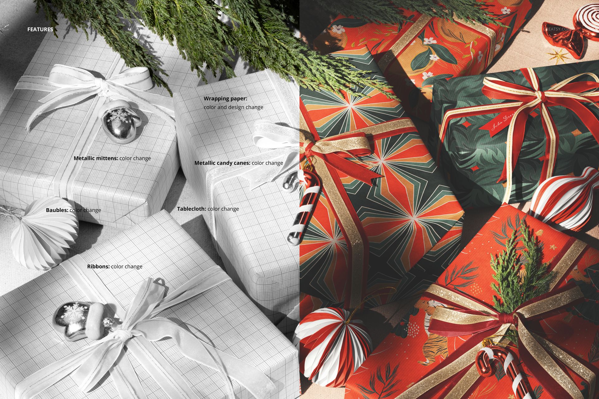 PSD mockup of assorted holiday gift boxes under a Christmas tree, featuring ribbons and ornaments, overhead perspective.