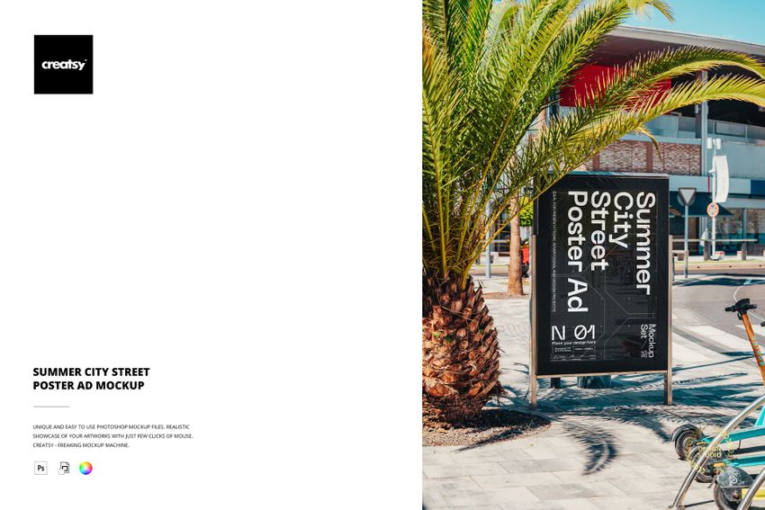 Outdoor city street scene featuring a vertical poster mockup on a sidewalk, with palm tree and modern building nearby.