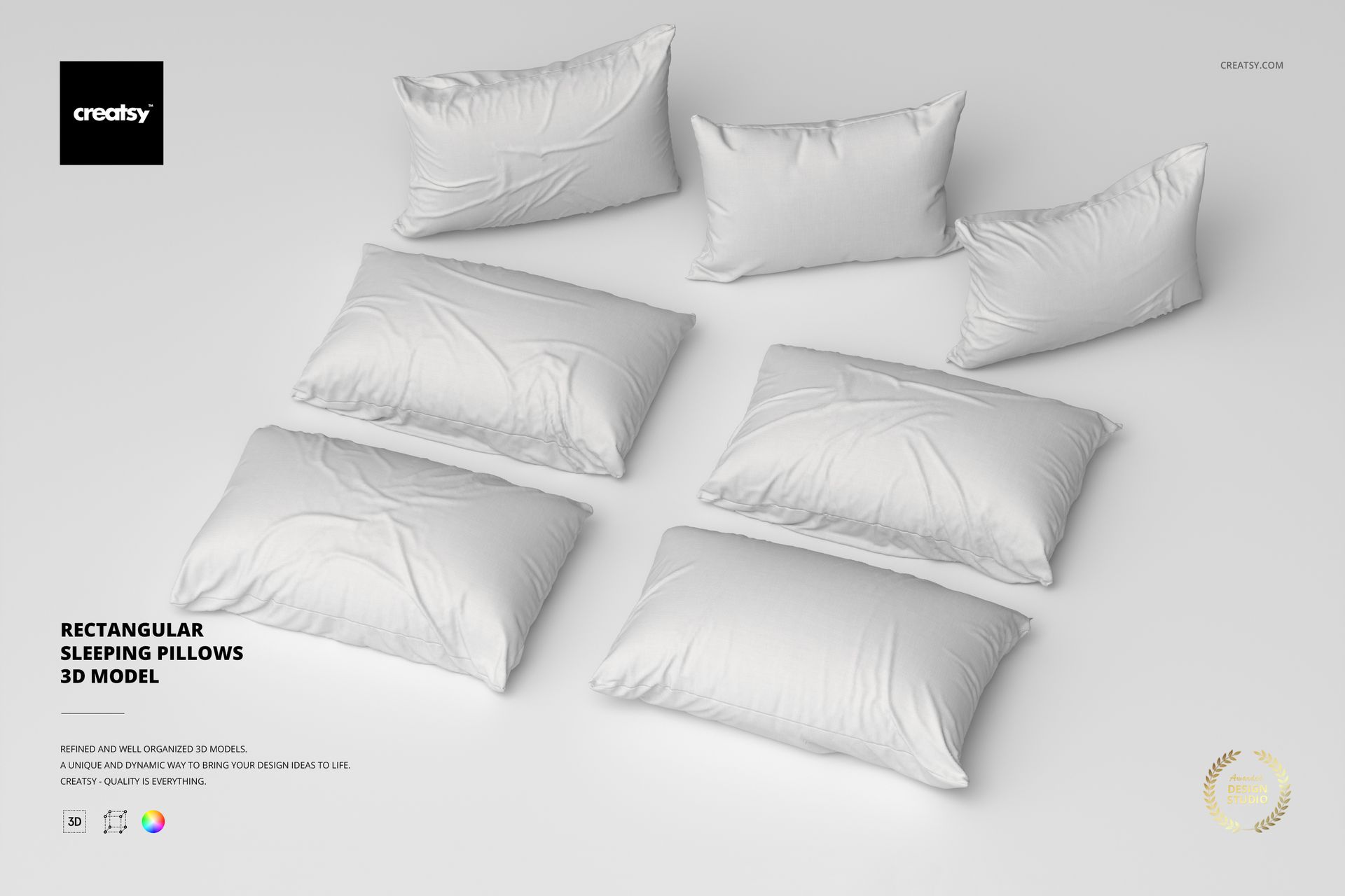 Seven rectangular sleeping pillows arranged on a light gray surface, viewed from above in a clean, minimalist scene.