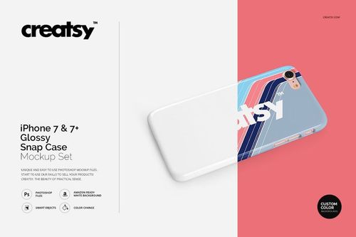 Angled view of an iPhone 7 glossy snap case mockup featuring bold stripes and a logo on a white surface.