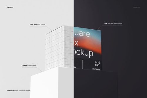 Square packaging box mockup shown from a front angle, with split background in light and dark colors and visible text.