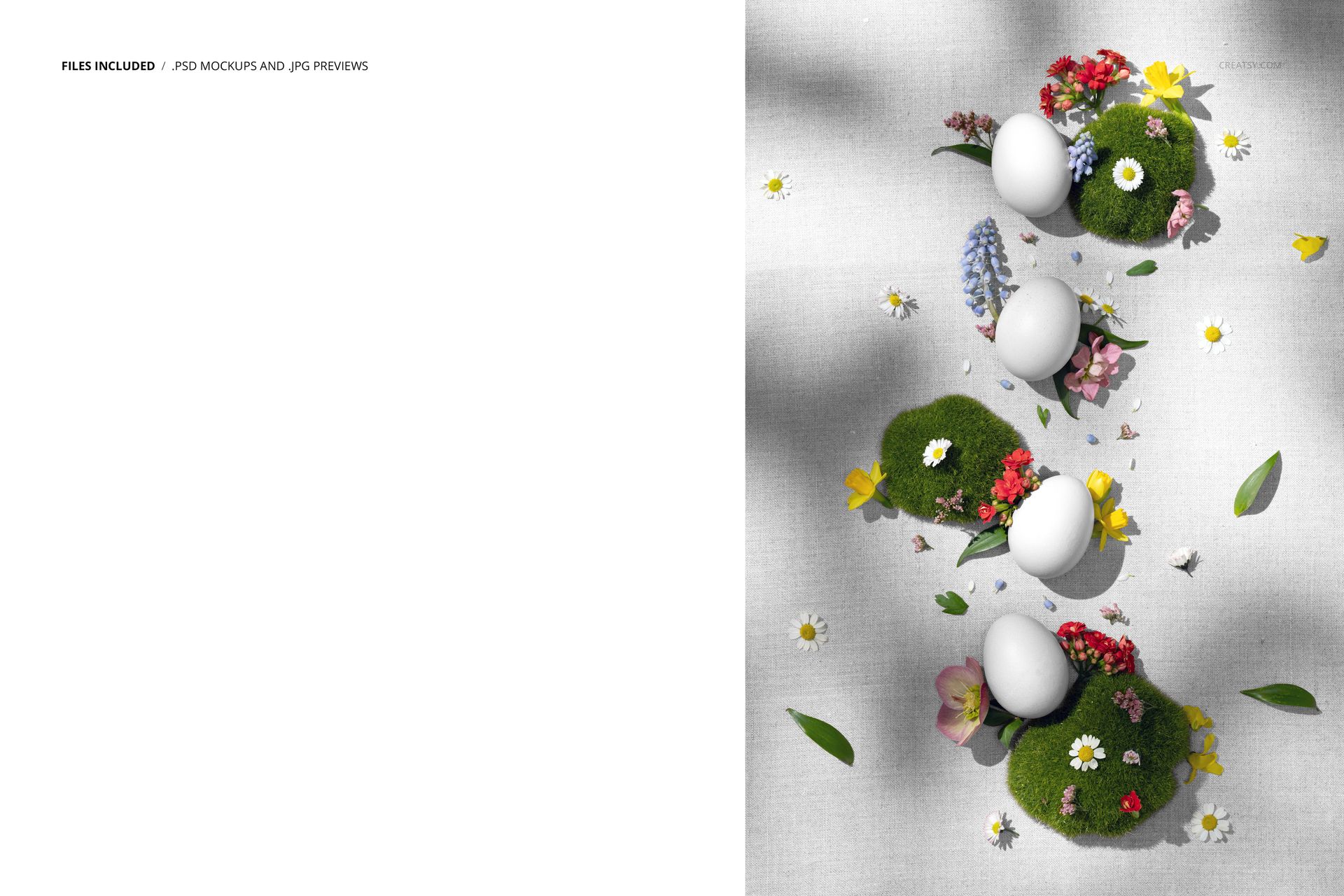 PSD mockup showing white eggs, moss clusters, and assorted spring flowers from a top perspective on a neutral background.