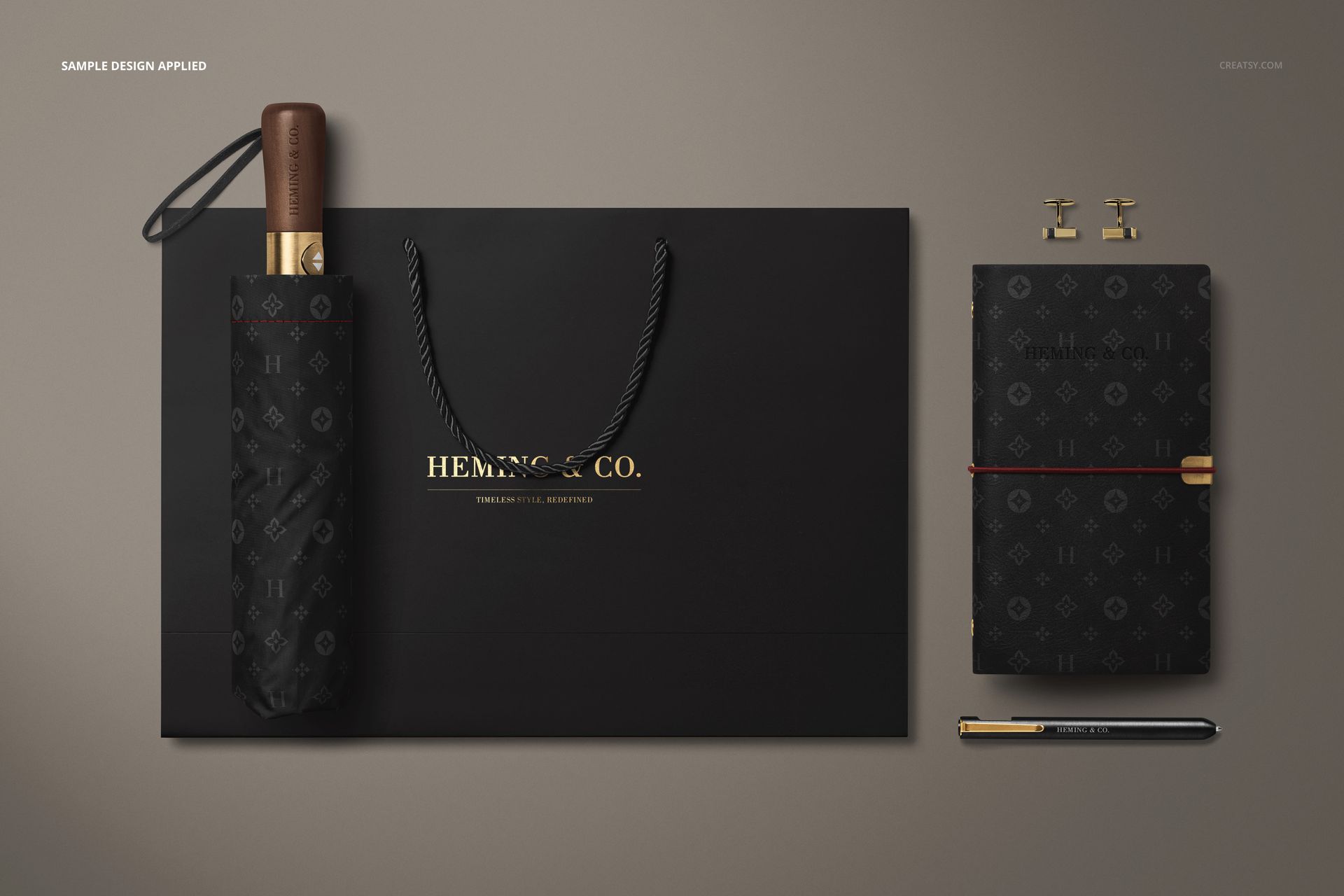 Men’s accessories mockup with umbrella, bag, notebook, pen, and cufflinks displayed in an organized layout.