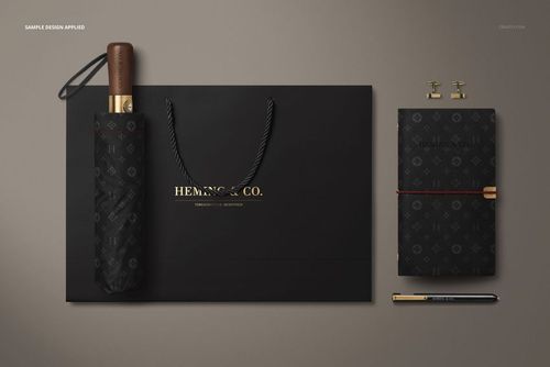 Men’s accessories mockup with umbrella, bag, notebook, pen, and cufflinks displayed in an organized layout.