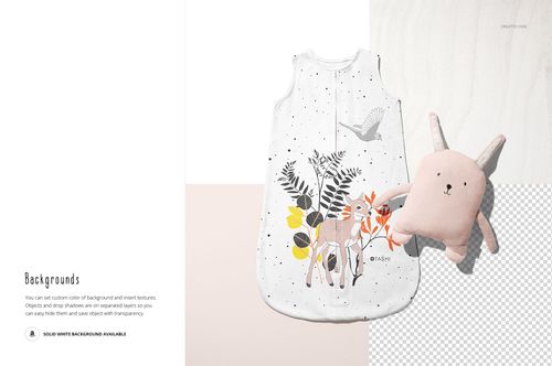 Front view of a baby wearable blanket mockup with a nature-themed pattern, displayed beside a pink plush bunny toy.