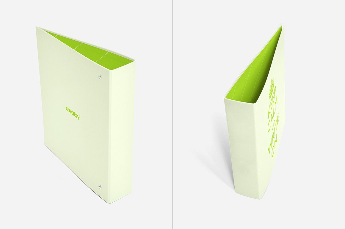 Binder mockup featuring a pair of pale green binders, one viewed from the side and one from above, against a plain backdrop.