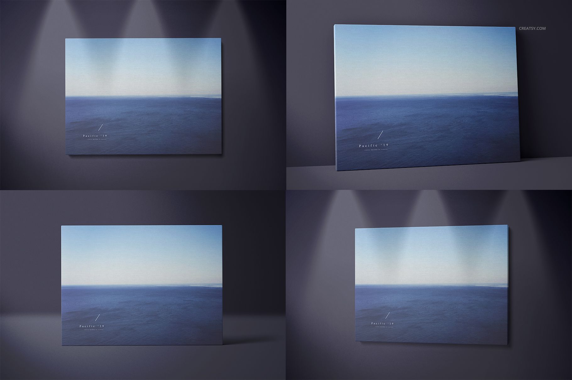 Set of canvas print mockups showing a calm blue seascape, presented in front and angled views with dramatic lighting.