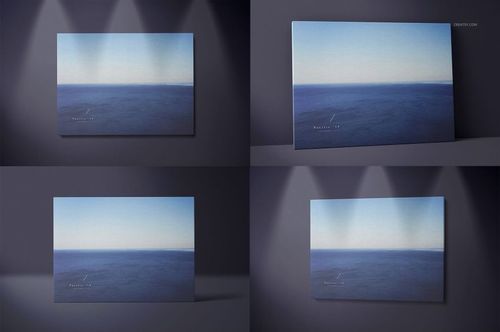 Set of canvas print mockups showing a calm blue seascape, presented in front and angled views with dramatic lighting.