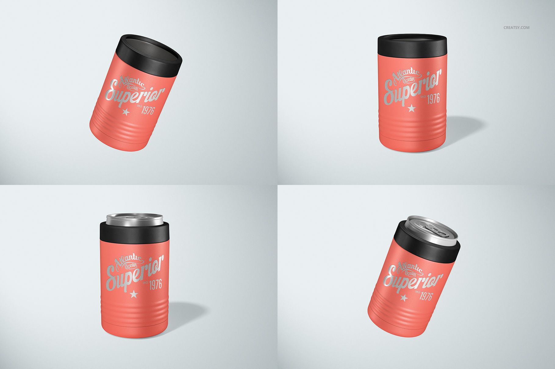 Four beverage can holders in coral red with black lids, displayed from different angles on a light background.