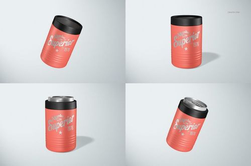 Four beverage can holders in coral red with black lids, displayed from different angles on a light background.