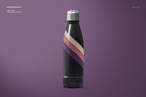 Front view of a double wall vacuum water bottle mockup with matte finish, silver lid, and multicolor diagonal stripes.