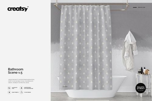 Bathroom mockup showing a gray patterned shower curtain, white tub, and towel on a hook in a minimalist setting.