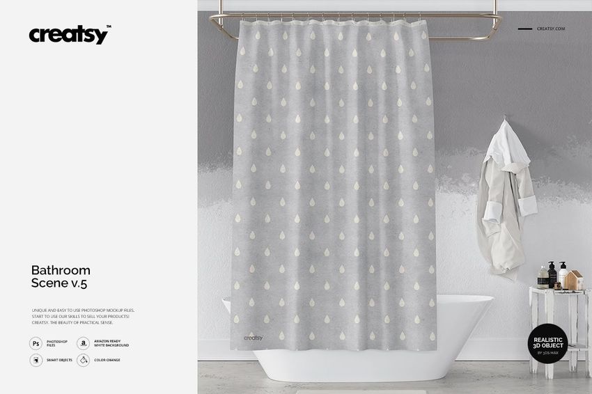 Bathroom mockup showing a gray patterned shower curtain, white tub, and towel on a hook in a minimalist setting.
