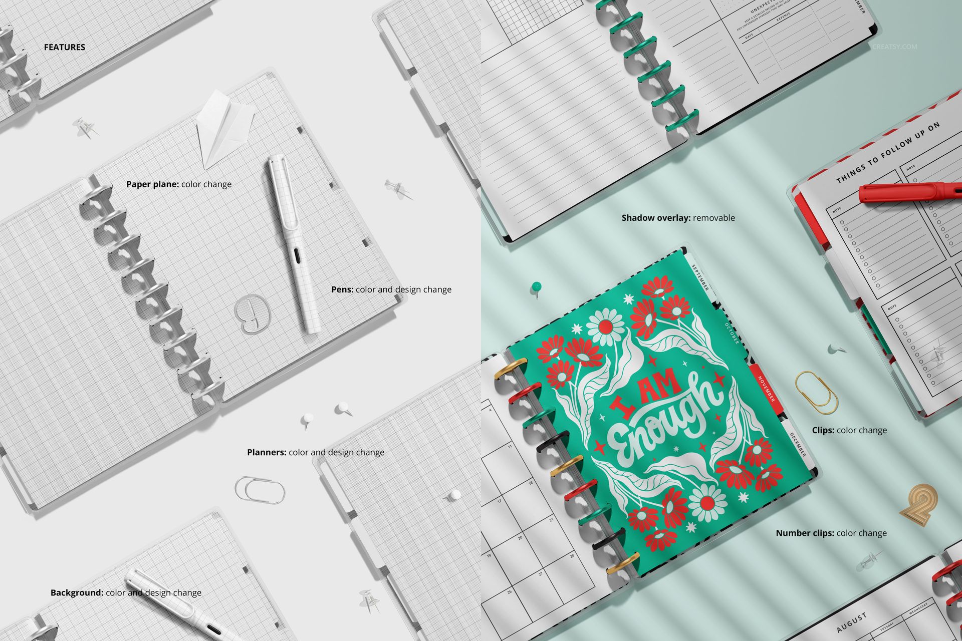 Flat lay of several spiral planners mockup, featuring open pages, stationery items, and colorful cover designs.