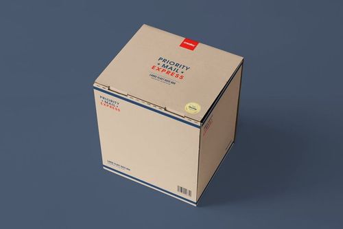 Square cardboard packaging box mockup shown from an angled perspective, featuring printed graphics and barcode.