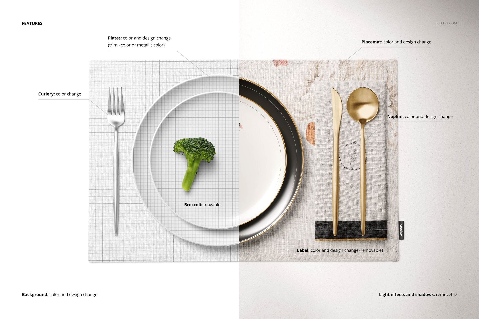 Top view of a placemat mockup showing a plate, cutlery, and napkin on a split background with design variations.
