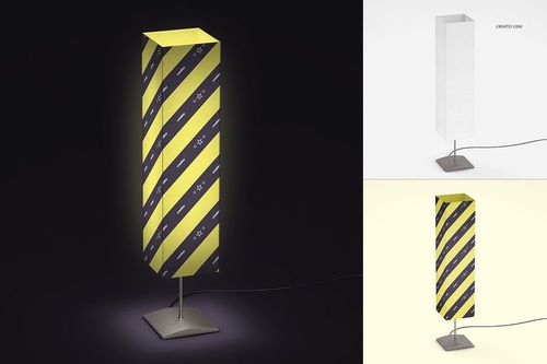 Rectangular lampshade mockup featuring a striped yellow and gray pattern, displayed on a metal stand with cord.